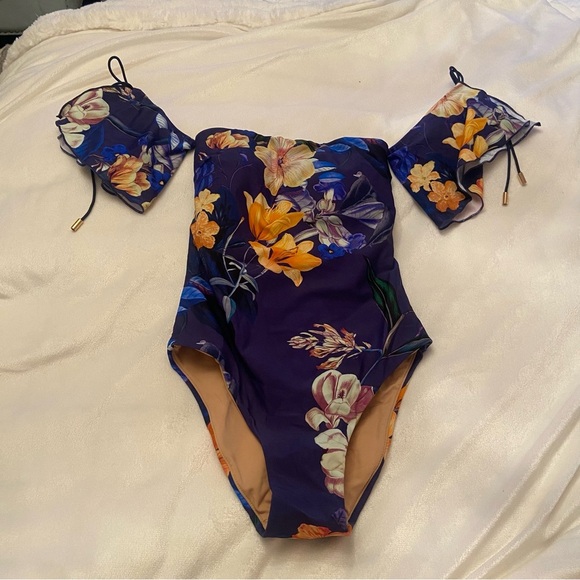 New! Ochie Midnight Floral Olivia Off Shoulder One Piece Swimsuit 3518 - Picture 3 of 9